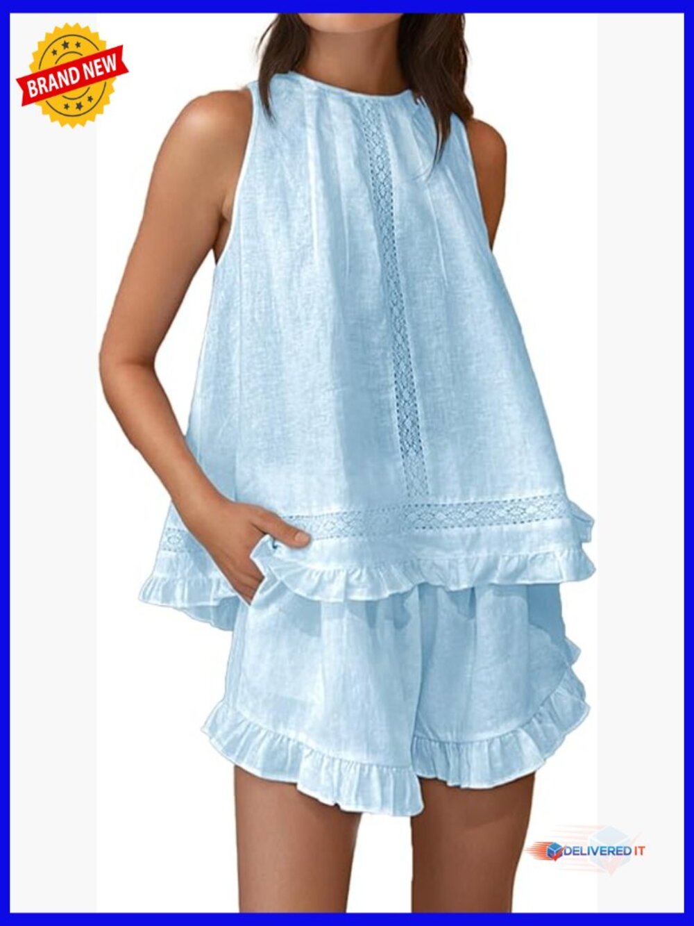 Women's Cotton Pajama Set - Sleeveless Lace Trim Top & Shorts